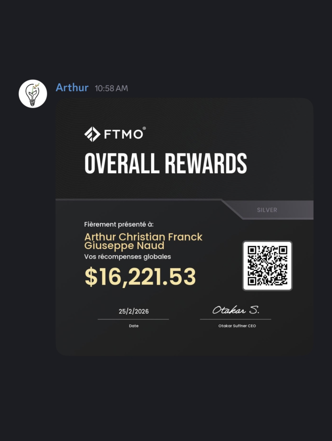 Preuve de payout FTMO — Arthur