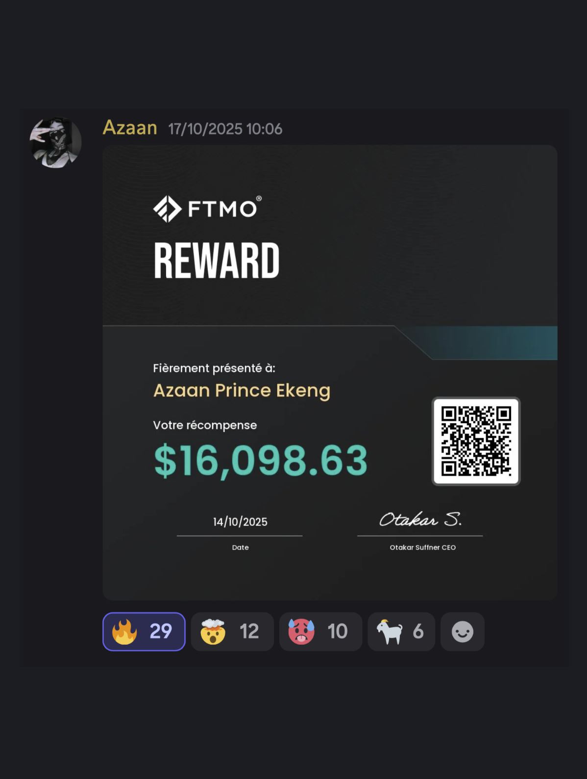 Preuve de payout FTMO — Azaan